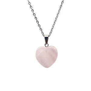 Rose Quartz Heart Pendant Necklace, Pink Natural Stone on Silver Tone Chain